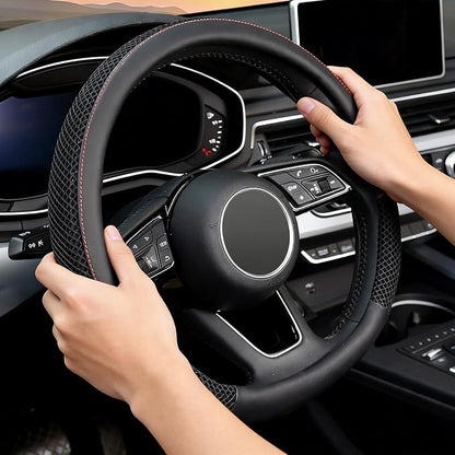 KAFEEK D Shape Steering Wheel Cover, Universal 15 inch, Black | Microfiber Leather Viscose, Breathable, Anti-Slip, Warm in Winter and Cool in Summer - Image 4