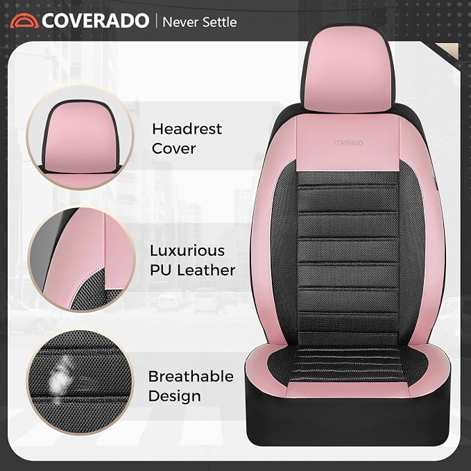 Coverado Car Seat Covers Full Set, Luxury Leather Car Seat Covers, Automotive Front and Rear Mesh Seat Covers, Full Set 5 Seats, Pink Black Seat Covers for SUV Sedan Truck - Image 7