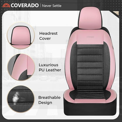 Coverado Car Seat Covers Full Set, Luxury Leather Car Seat Covers, Automotive Front and Rear Mesh Seat Covers, Full Set 5 Seats, Pink Black Seat Covers for SUV Sedan Truck - Image 7
