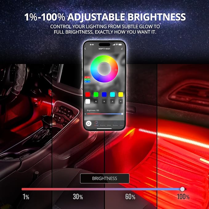 OPT7 Aura DreamColor RGBIC Interior Car Lights with App & Remote, 4PC Kit | Chasing Light Effects, Rainbow Ambient Glow, Multicolor LED Strips, SUV Under Dash Decor, Music Sync Lighting - Image 4