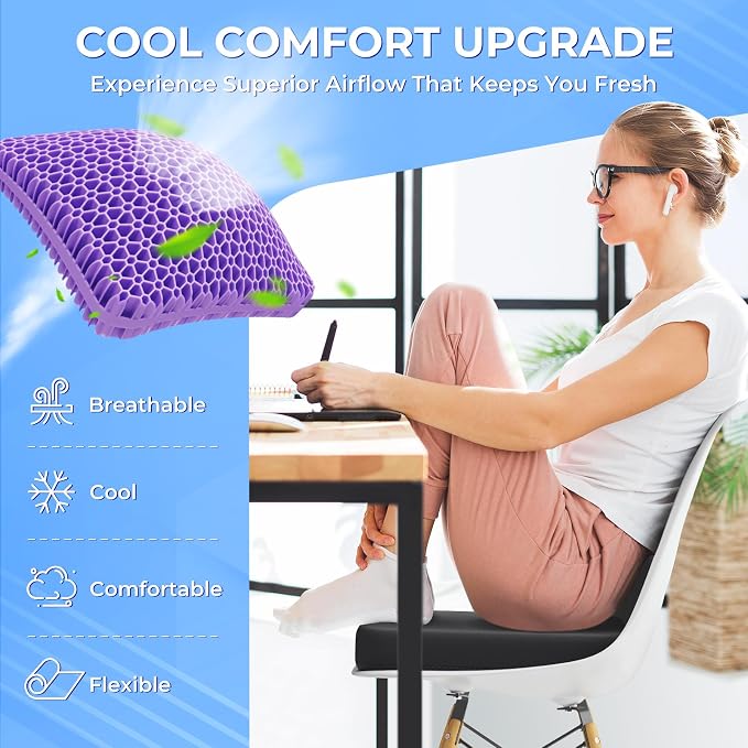 TushGuard Gel Seat Cushion for Long Sitting, Breathable Thick Patent Design | Enlarged Cooling Chair Pad for Office Chair, Wheelchair, Desk Chair, Supportive Car Cushion (Standard, Black+Violet) - Image 2