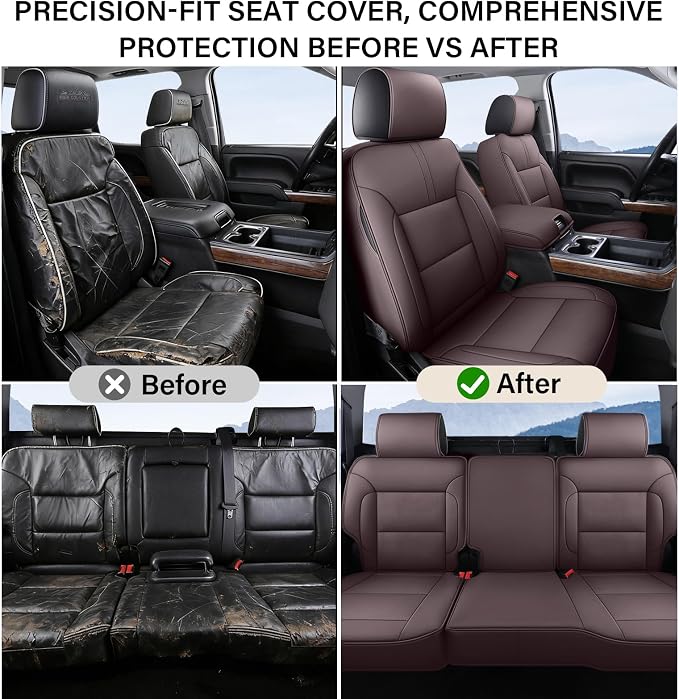 Coverado Chevy Silverado Seat Covers, Leather Car Seat Covers Custom Fit for Chevy Silverado GMC Sierra 2014-2018 1500, 2015-2019 2500HD 3500HD (Full Set, Brown) - Image 4