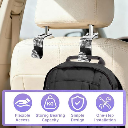 BFXM 6 Pack Car Seat Headrest Hooks,Car Accessories Bling White | Back Seat Purse Hanger Holder Hook, Universal Storage Organizer for Handbag Grocery Bags Coats - Image 6