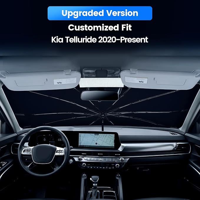 Windshield Sun Shade Umbrella Compatible with Kia Telluride 2020-2026, Foldable Car Window Sunshade with 360° Bendable Handle and Rearview Mirror Cutout, HUPF 50+ Heat Insulation Blocker - Image 2
