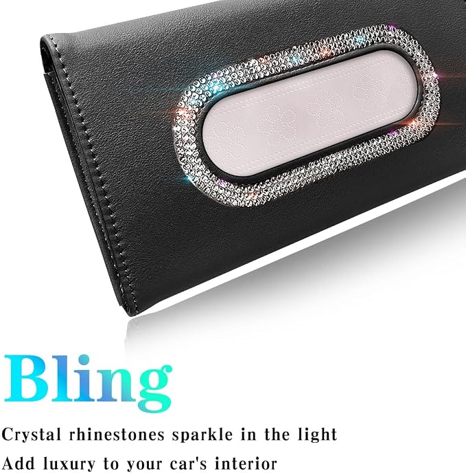 Bling Car Visor Tissue Holder, Diamond Mask Holder, PU Leather Tissue Box Holder, Wipes Case, Sun Visor Napkin Holder (Black) - Image 2