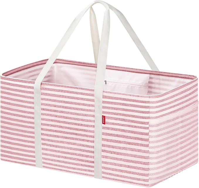 LHZK Standing Extra Large Utility Tote Bag with Metal Wire Frame and the Sides Rinforced, Extra Large Tote Bag with Handle, Reusable Grocery Bags Foldable, Beach Bag, Car Tote (Pink, 26''x15''x13'') by LHZK