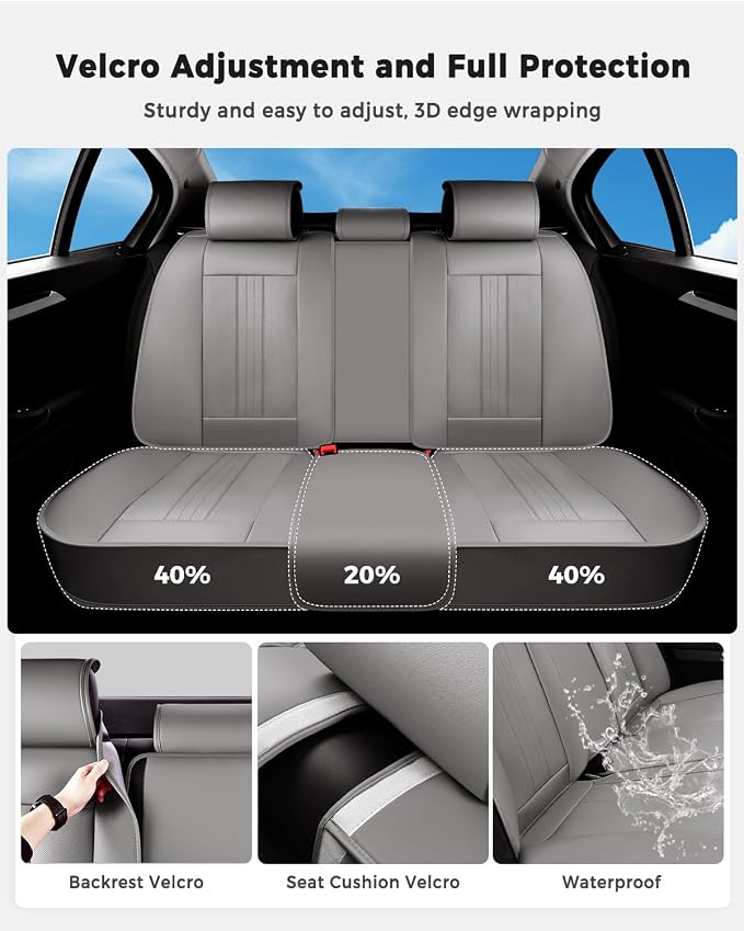 Huidasource Gray Rear Seat Cover, Luxury Faux Leather Back Seat Car Cover, Velcro Adjustable, Compatible with Child Seat, Perforation Cooling＆Heating, Universal Fit for Most Cars Vans Trucks SUVs Gray - Image 6