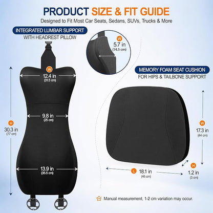 Allaboutsla 2 Piece Car Seat Cushion, Back Support with Car Headrest Pillow | 3-in-1 Memory Foam Car Seat Cushions, Car Lumbar Support with Car Neck Pillow, Seat Support for Long Driving, Trucks, Black - Image 2