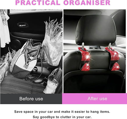 4 PCS Bling Car Seat Headrest Hooks, Rhinestone Vehicle Backseat Storage Hanger Backpack Hook, Sparkly Multi-Functional Headrest Purse Holder for Car Truck SUV RV (Red) - Image 3
