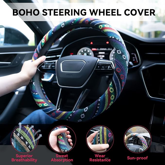 Boho Steering Wheel Cover Elastic Microfiber for Women, Universal Fit 15 inch Car SUV, Hippie Style Protector Cover, Anti-Slip, Breathable, Absorbing Sweat - 02 - Image 2