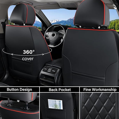 Coverado Car Seat Covers Full Set, Luxury Faux Leather Waterproof Seat Covers, Black Car Seat Covers, Universal Car Seat Protector Leather Car Seat Cushion, Carseat Cover Fit Most Cars, Black&Red - Image 3