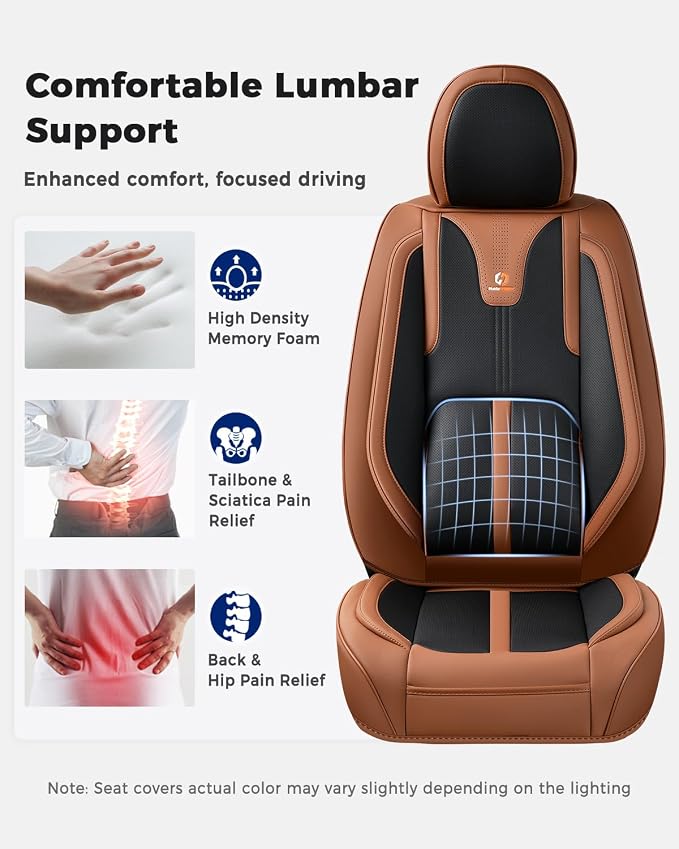 Huidasource Seat Covers Luxury Nappa Leather, Car Seat Covers Full Set with Velcro Adjustable, Airbag, Lumbar Support, Cooling＆Heating, Brown Car Seat Cover Fit for Most Cars SUV Trucks, Brown＆Black - Image 5