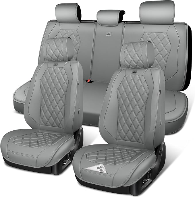 CAR PASS Luxury Nappa Leather Seat Covers Full Set, 3D Rhombus Waterproof Faux Leather Seat Covers, Universal Automotive Seat Cushion Fit for Most Sedan SUV Truck Van, Airbag Compatible Gray by CARPASS