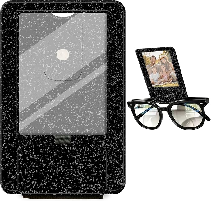 2-in-1 Car Visor Sunglasses & Photo Holder, Magnetic PU Leather Glasses Clip with Picture Display Slot, Universal Sun Visor Organizer for Eyeglasses, Personalized Cards & Memories, Black Glitter by Unknown