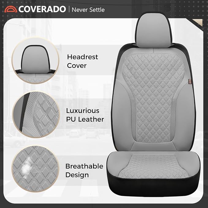 Coverado Car Seat Covers 5 Seats, Luxury Diamond Leather Seat Covers Full Set, Carbon Fiber Textured Design, Durable Waterproof Seat Protectors, Automotive Seat Covers Universal Fit Most Cars, Gray - Image 6