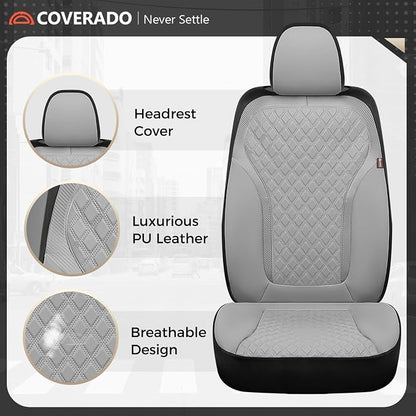 Coverado Car Seat Covers 5 Seats, Luxury Diamond Leather Seat Covers Full Set, Carbon Fiber Textured Design, Durable Waterproof Seat Protectors, Automotive Seat Covers Universal Fit Most Cars, Gray - Image 6