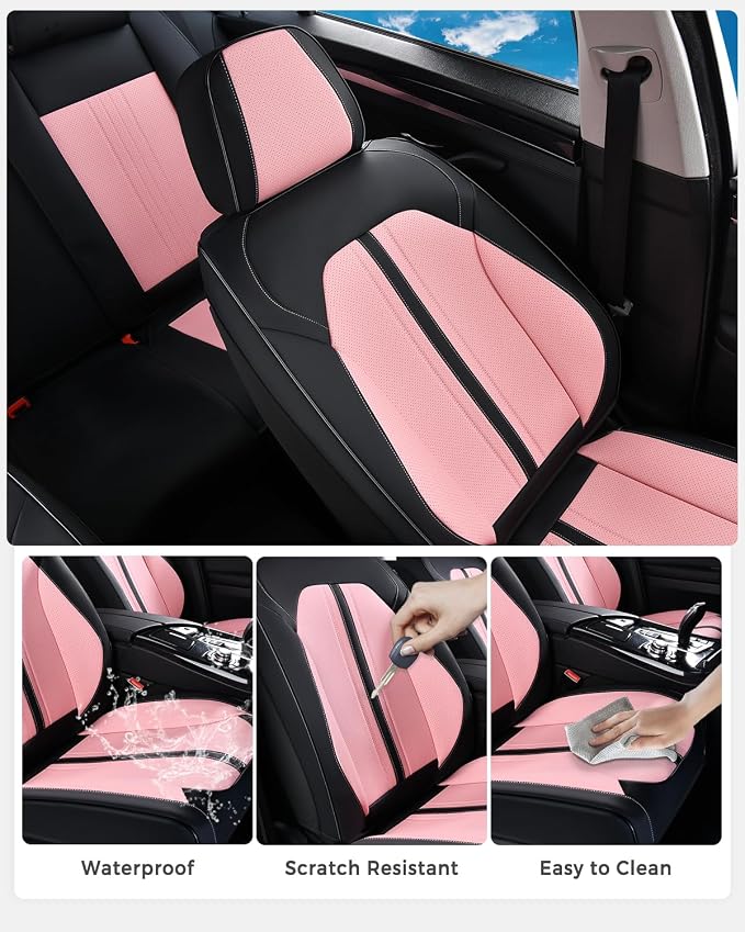 Huidasource Car Seat Covers Front Seats, Luxury Faux Leather Front Seat Covers, Compatible with Airbags, Seatbelt Buckles, Cooling＆Heating, Universal Fit for Most Cars, Vans, Trucks, SUVs, Black＆Pink - Image 6