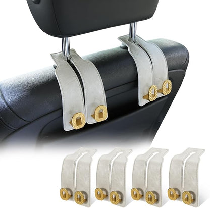 Car Headrest Hooks Universal Car Purse Hook Premium Leather and Alloy Twin Hook Car Seat Back Storage Hanger Hook for Purse Bags Cloth Drink Durable Holder Car Accessories (BH09-White-Gold-4 Pcs) by GELVTIC