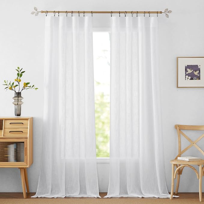 RYB HOME White Sheer Curtains 90 inches Long for Living Room | Privacy Linen Fabric, Semitransparent, Farmhouse Country, for Patio Door Bedroom Bay Window, W52 x L90, 2 Panels by RYBHOME