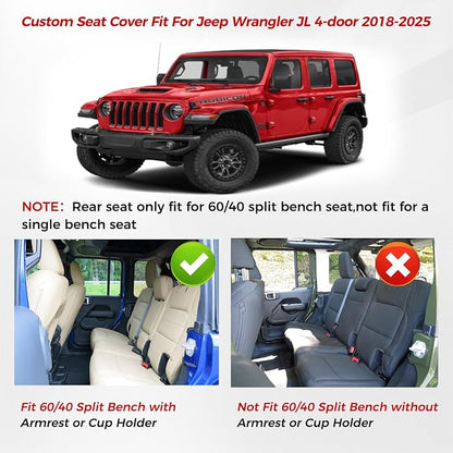 Huidasource 2018-2026 Wrangler JL Seat Covers 4 Door, with Rear Cupholder | Wrangler Leather Seat Covers Full Set, Waterproof Seat Cushion Covers Fit for Jeep Wrangler JL 4-Door (Full Set/Black&Red) - Image 6