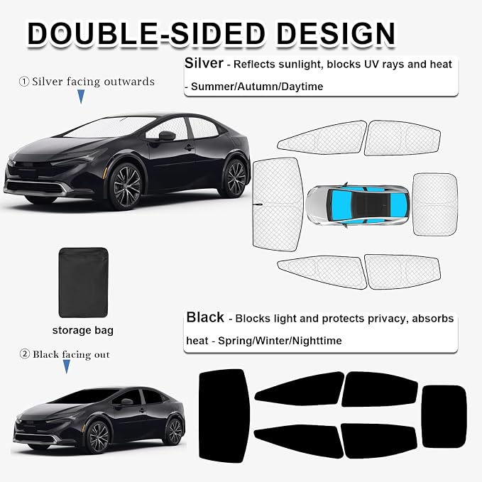 KMF 6pcs Thicken Sun Shades for Toyota Prius 2023-2025 2026 Accessories,Full Car Window Covers Sunshade for Windshield Side Rear, UV Block and Privacy Blackout for Car Camping - Image 4