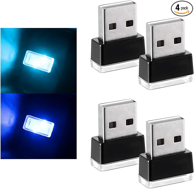 4PCS USB LED Car Interior Atmosphere Lamp, Plug-in USB Interface LED Night Lighting Decoration, Mini Portable Ambient Lights Kit Universal Interior Accessories for Most Cars (Blue+Ice Blue) by Unknown