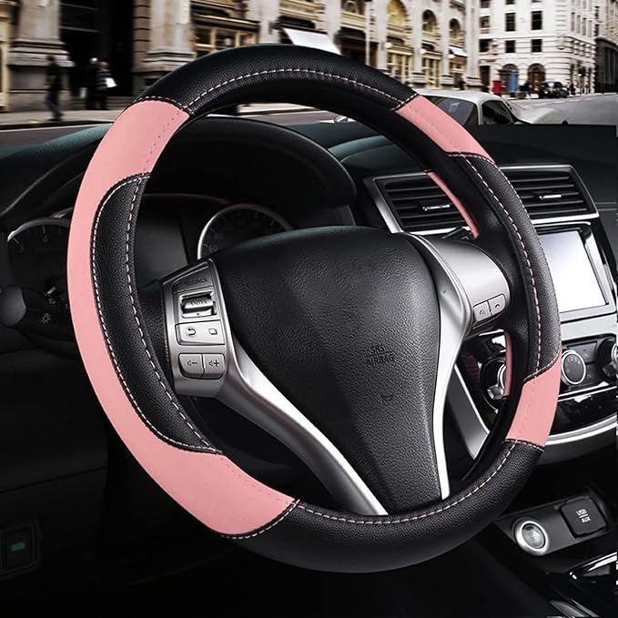 Leather Car Steering Wheel Cover, Universal Fit for Most Cars, Pink | Microfiber Leather,Non-Slip Breathable Auto Steering Wheel Protector by Szttswamp