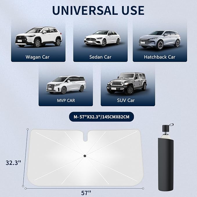 Tecoom Umbrella Sun Shade for Car Front Windshield 57"x32" | Double Heat Shield Coating, Universal for Sedan SUV, Vehicle Window Visor, Automotive Interior Sun Protection UV Block - Image 5