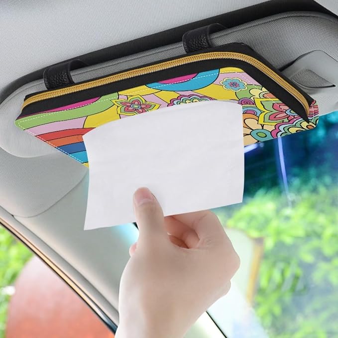 Biyejit 2 Pack Car Tissue Holder, Hippie Flowers Sun Visor Napkin Holder, Car Visor Tissue Holder, PU Leather Backseat Tissue case Holder for car, Vehicle - Image 3