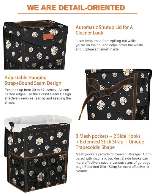 Pritent Car Trash Can with Lid Leakproof Car Garbage Bag Vehicle Trash Bin | Hanging Automotive Garbage Can,Multipurpose Car Accessories for Women Men Interior Car Storage Organizer(2.8 Gal,Black Flower - Image 4