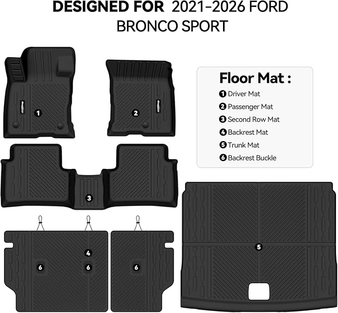 Floor Mats for Ford Bronco Sport 2021-2026(Not for 4 Door) | Trunk Mat and Backrest Mat All Weather TPE Protector Odorless Full Set Interior Accessories Floor Liners - Image 2