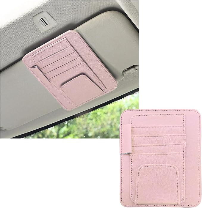 Dickno Small Leather Car Sun Visor Organizer, Multifunctional Auto Visor Document Holder with Sunglasses Clip, Universal Car Interior Organizer for Drving License, Card, Pen (Pink) by Dickno