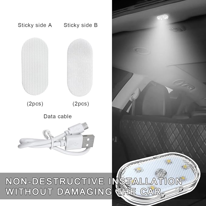 2 PCS Car Wireless LED Lights, Portable USB Rechargeable 7 Colors Car Ambient Lighting, Car Interior Reading Light Night Light with 6 LED Lamp Beads, Car Accessories (Sticky Fastener) - Image 3