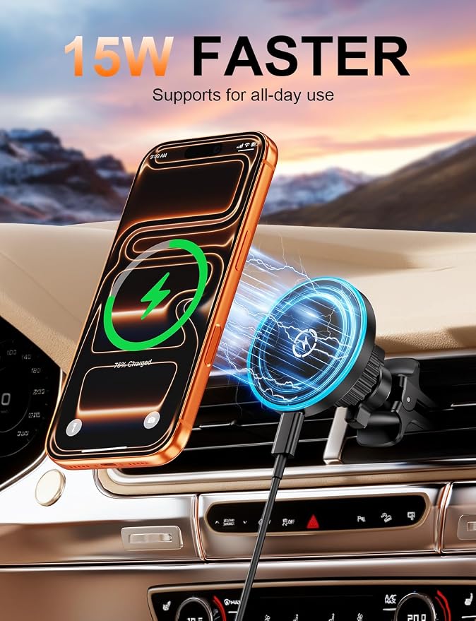 for Magsafe Car Mount Charger, [100% Stable] 15W 2 in1 Magnetic Wireless Car Charger, Vent/Dashboard Phone Holders for Your Car for Women Men Car Phone Holder Car Charger for iPhone 17 16 15 14 13 - Image 3
