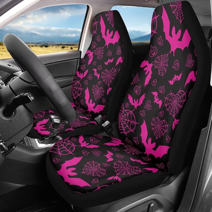 Pink Bats Car Seat Covers for Front Seats, Spider Web Breathable Seat Protectors, Set of 2, Universal Fit for Most Cars, SUVs and Sedans - Image 3