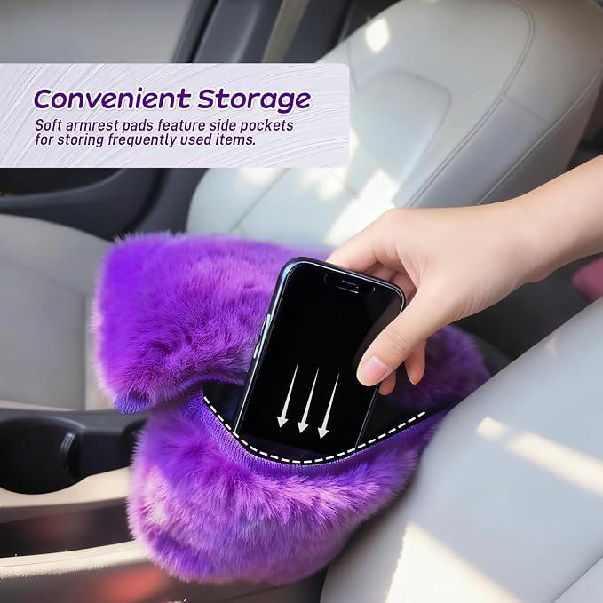 Fluffy Car Armrest Cover with Side Pockets – Plush Fuzzy Fur Center Console Armrest Cushion Pad, Universal Winter Car Interior Protector, Soft Arm Rest Cover with Storage for Women & Men (PURPLE) - Image 4