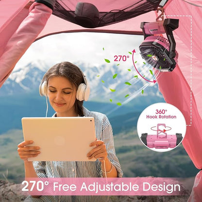Portable Fan Rechargeable 20000mAh Cordless Battery Powered Camping Fan | with LED Lantern, Small Table Fan, USB Battery Operated Fans for Travel Bedroom Home Camping Tent Office Beach Desk Pink - Image 4
