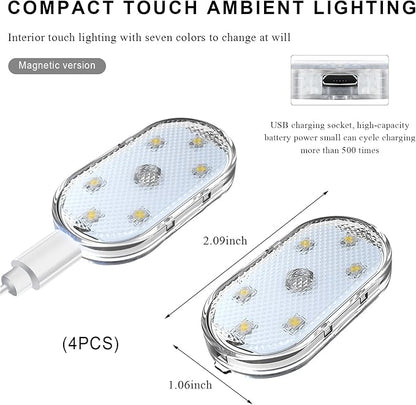 4 PCS Car Wireless LED Lights, Portable USB Rechargeable 7 Colors Car Ambient Lighting, Car Interior Reading Light Night Light with 6 LED Lamp Beads, Car Accessories (Magnetic) - Image 2
