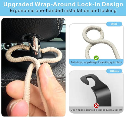 Purse Hooks for Car - 2 Pack Back Seat Storage Holder - Beige Leather/2L | Universal Car Headrest Hanger with Anti-Drop Lock Loop for Hat Bag Grocery Handbag Coat Must Have Stuff for Vehicle Truck SUV - Image 3