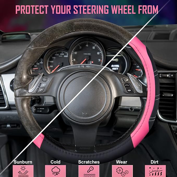 CAR PASS Line Rider Microfiber Leather Sporty 14.5-15 inch Steering Wheel Cover Universal Fits for 95% Truck,SUV,Cars, Anti-Slip Safety Comfortable Design (Black Pink) - Image 6