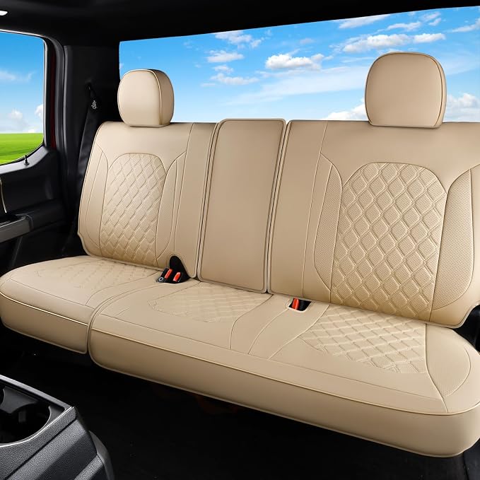 Huidasource F250 Rear Seat Covers, Beige Leather Back Seat Cushion Cover Fit for Ford F150 2015-2026&F250 F350 F450 2017-2026 Crew Cab XL XLT Lariat King Ranch Platinum, Split Rear Seat Cover by Huidasource