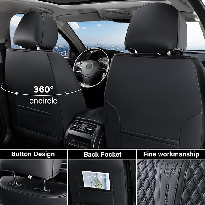 Coverado Car Seat Covers Full Set, Black Seat Covers for Car with Lumbar Support, Nappa Leather Seat Covers Waterproof Car Seat Protectors Universal Fit for Most Cars SUV Trucks - Image 4