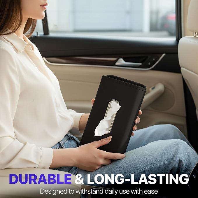 Lucrum Extra Large Car Tissue Holder - PU Leather Tissue Box Cover | Fits Regular Size Napkins Box - PU Leather Car Tissue Holder for Seat Back, Sun Visor & Console - Jet Black - Image 6