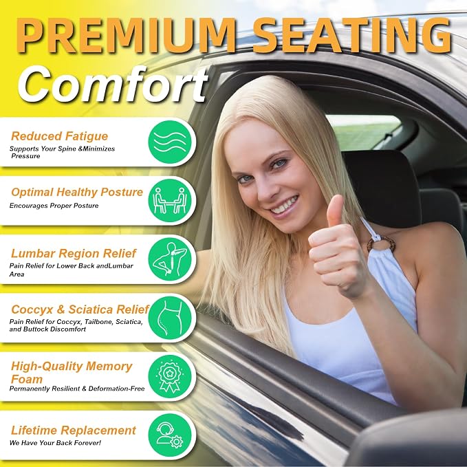 kingphenix Car Seat Cushion with Back Support Pillow, Memory Foam, Black | Memory Foam Car Cushion for Long Driving, Truck, Office Chair, Tailbone and Lower Back Support - Image 2