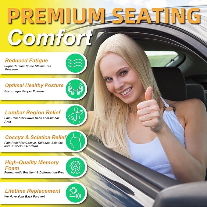 kingphenix Car Seat Cushion with Back Support Pillow, Memory Foam, Gray | Memory Foam Car Cushion for Long Driving, Truck, Office Chair, Tailbone and Lower Back Support - Image 2