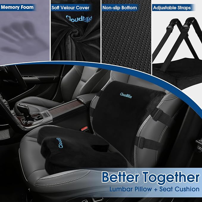 CloudBliss Ergonomic Seat Cushion & Lumbar Support Pillow Set, Black,Large | Back Pain & Sciatica Relief, Memory Foam Support, Adjustable Straps, Machine Washable Velvet, Perfect for Office, Car, Gaming - Image 3