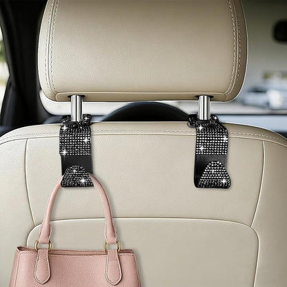 HZEL 4PCS Crystal Rhinestone Vehicle Headrest Hooks for Bags, Black | plastic and rhinestone build, snap-on headrest mounting, holds bags and umbrellas, uses seatback space, fits vehicles - Image 3