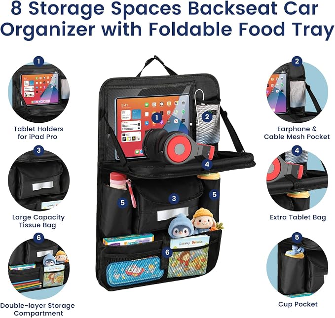 MoKo Car Organizer Back Seat, 8 Pockets Foldable Tray 600D Black, 1 Pack | 600D Oxford Backseat Car Organizer, Back Seat Organizer with Foldable Table Tray and Transparent Tablet Pocket for Road Trip - Image 3