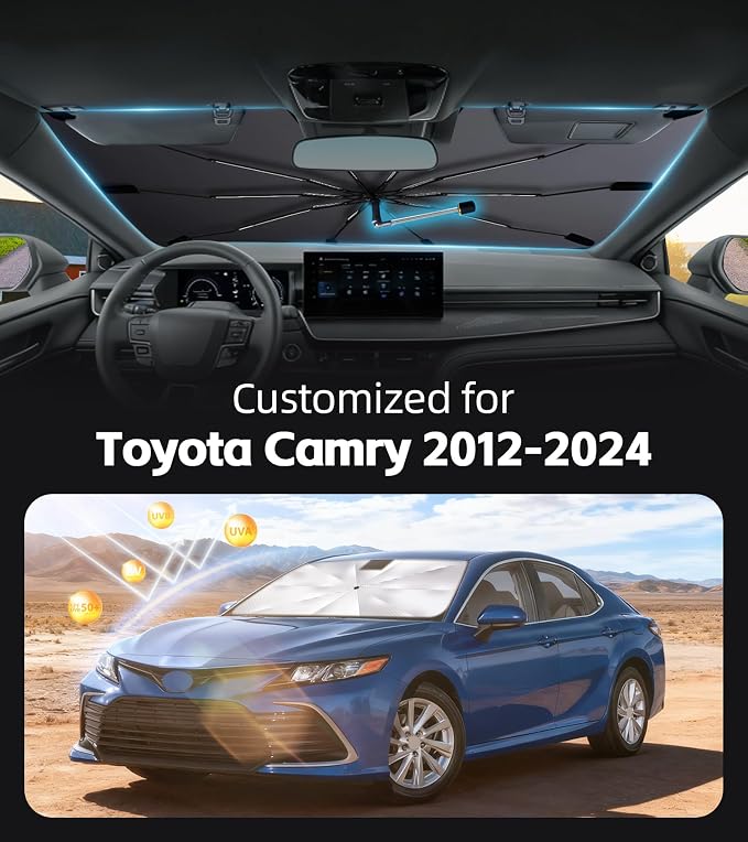 Windshield Sun Shade for Toyota Camry 2012-2024 with 360° Rotating Shaft | Custom Fit Umbrella Sunshade for UV Blocking, Car Sun Visor Keeps Car Cool, Protects Interior & Easy Storage - Image 2