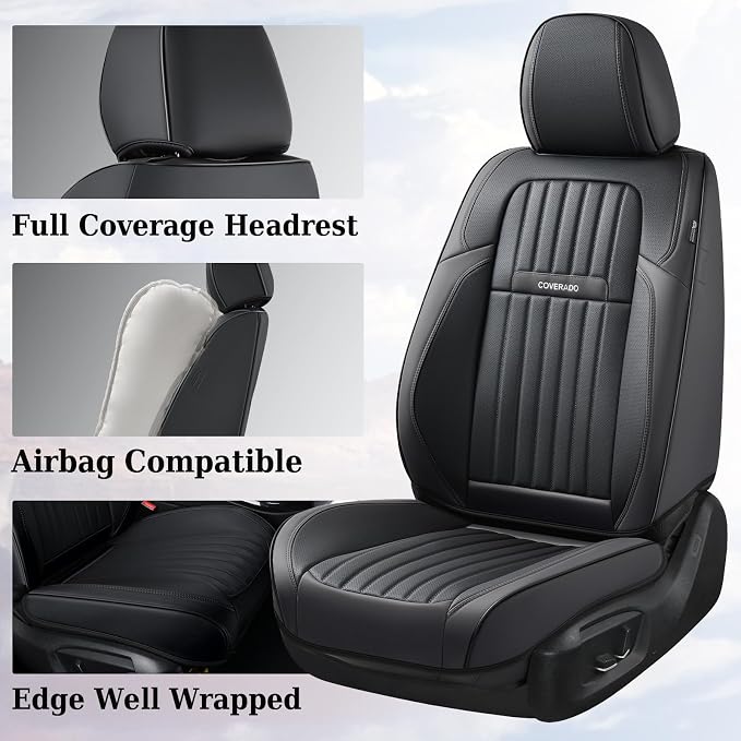 Coverado Car Seat Covers Full Set, Seat Covers for Cars, Black Car Seat Cover, Car Seat Protector, Nappa Leather Car Seat Cushion, Waterproof Car Seat Covers Front Seats and Back Fit for Most Cars - Image 3